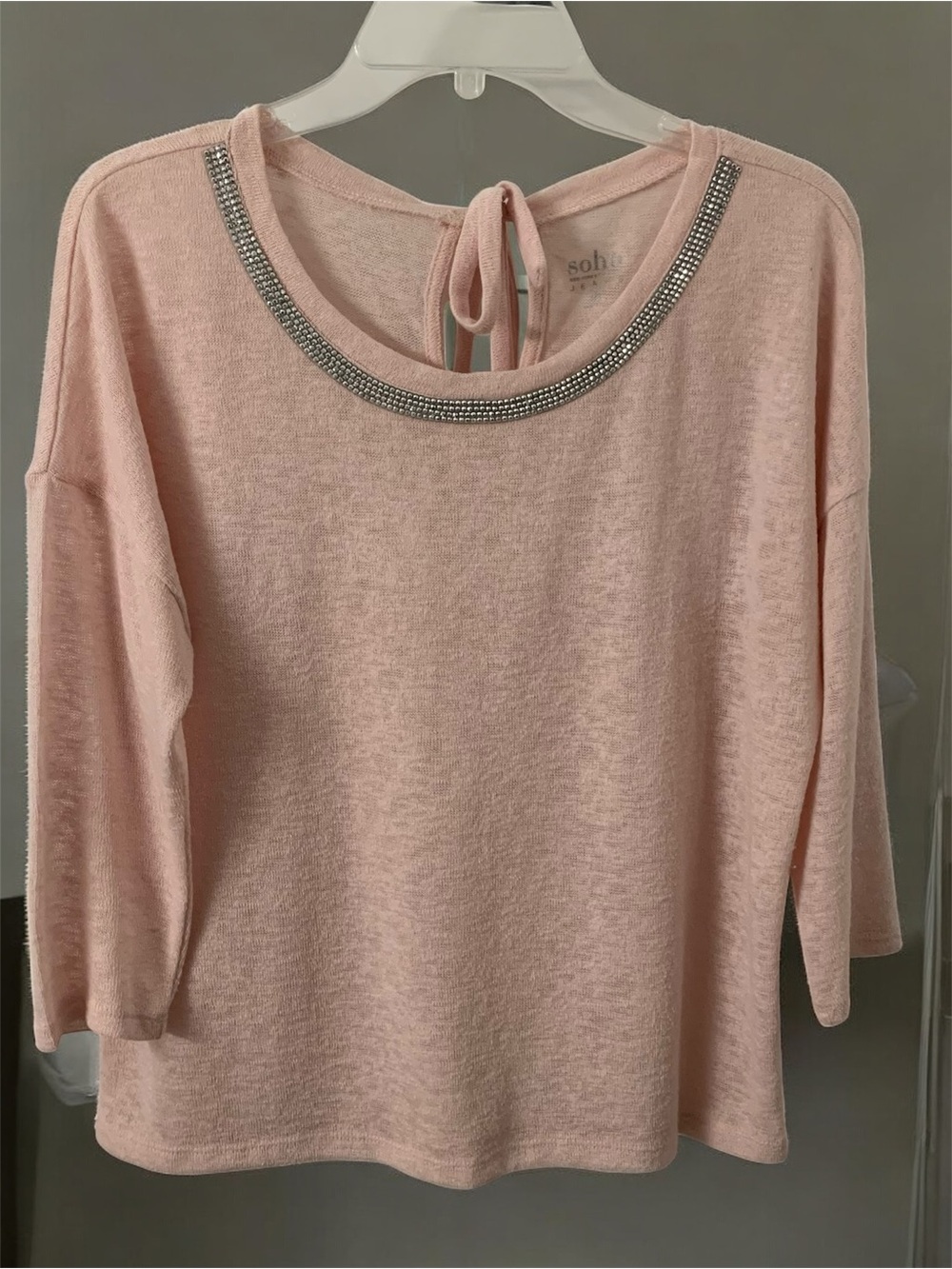 New York & Company Soho Pale Pink 3/4 Sleeve Lightweight Top Jeweled Neckline